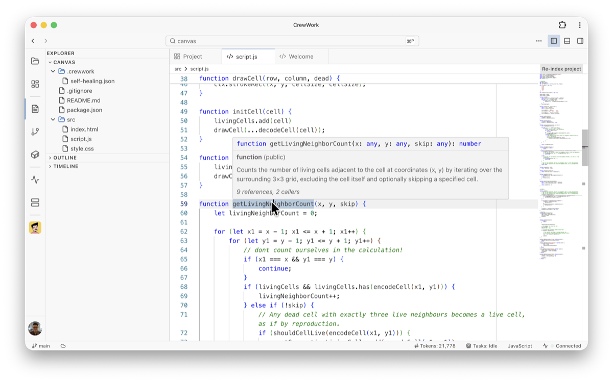 Hover definition and references inside the browser workspace